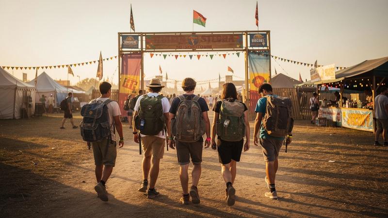 Travelers arriving at a festival gate