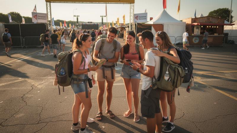 Group of young travelers meeting at a festival gate in Europe