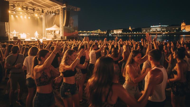 Crowd dancing in front of an illuminated riverside festival stage in Budapest at night