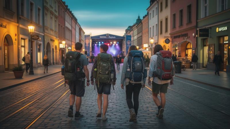 Young travellers with backpacks walking through a Krakow old town street at dusk