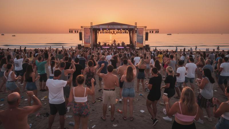 Beachside open-air music stage on the Black Sea coast at sunset with a dancing crowd