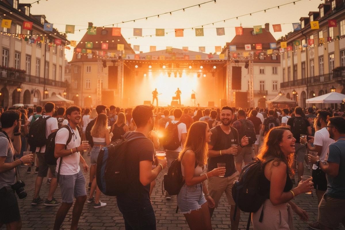 Festival crowd at sunset in a European city