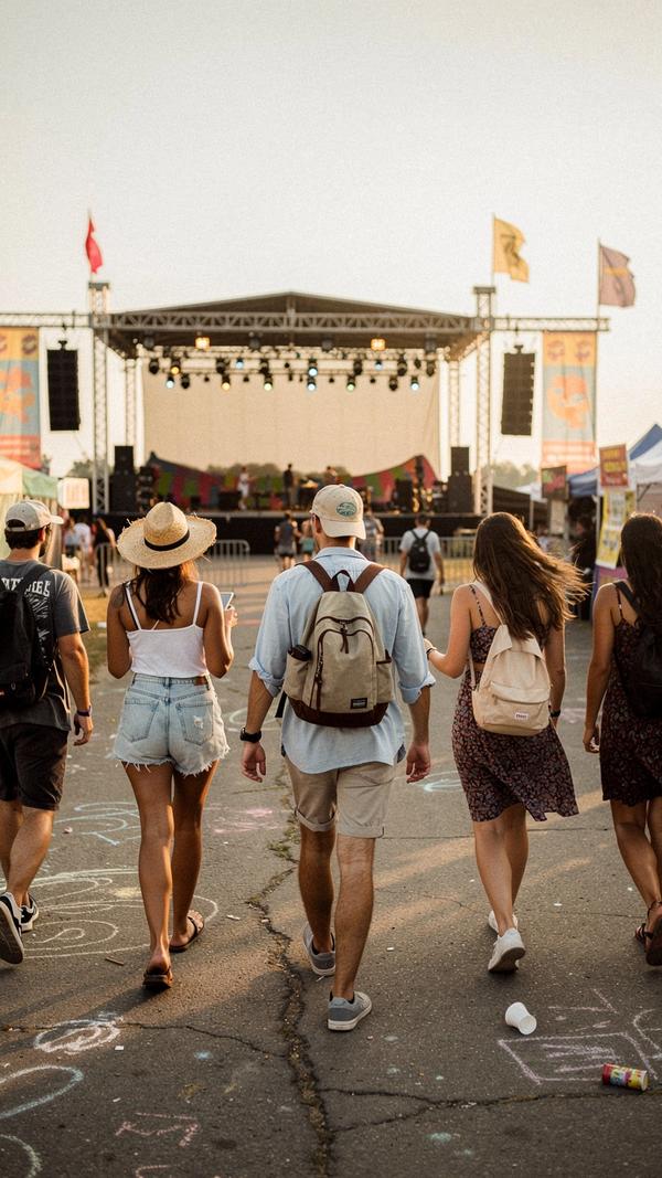 Group of young travelers walking toward a summer festival stage