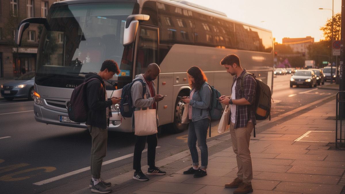 Young festival travellers with backpacks beside a coach at sunrise