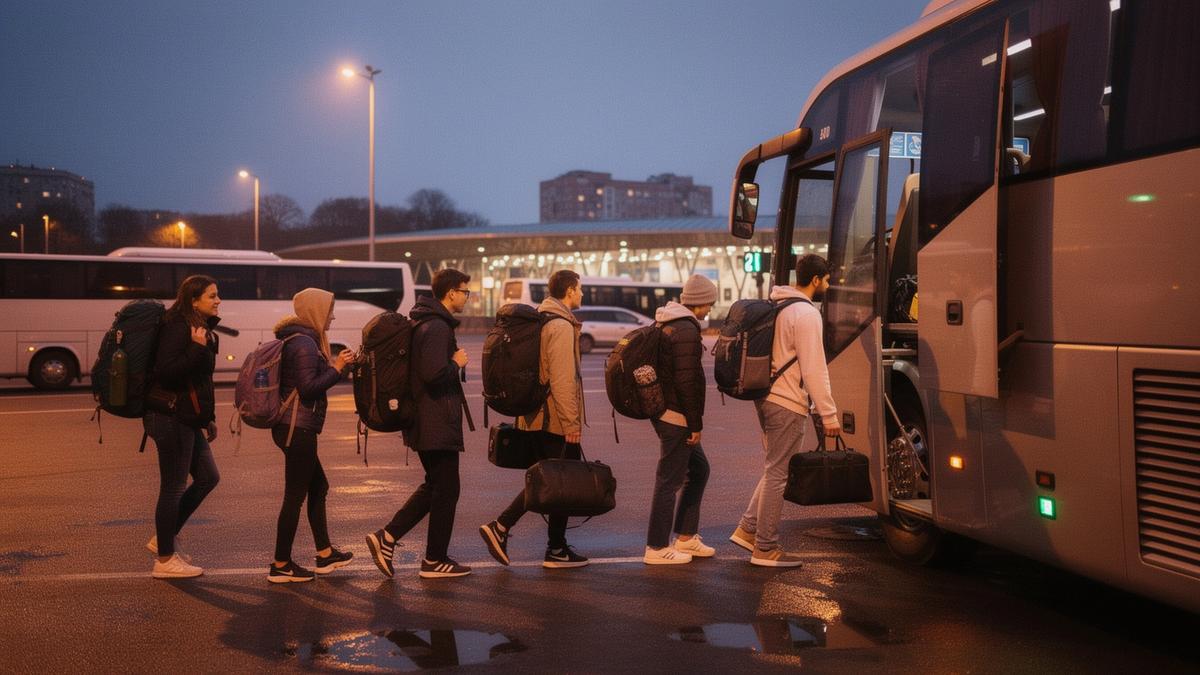 Young travellers with backpacks boarding an overnight coach at a Kyiv bus terminal