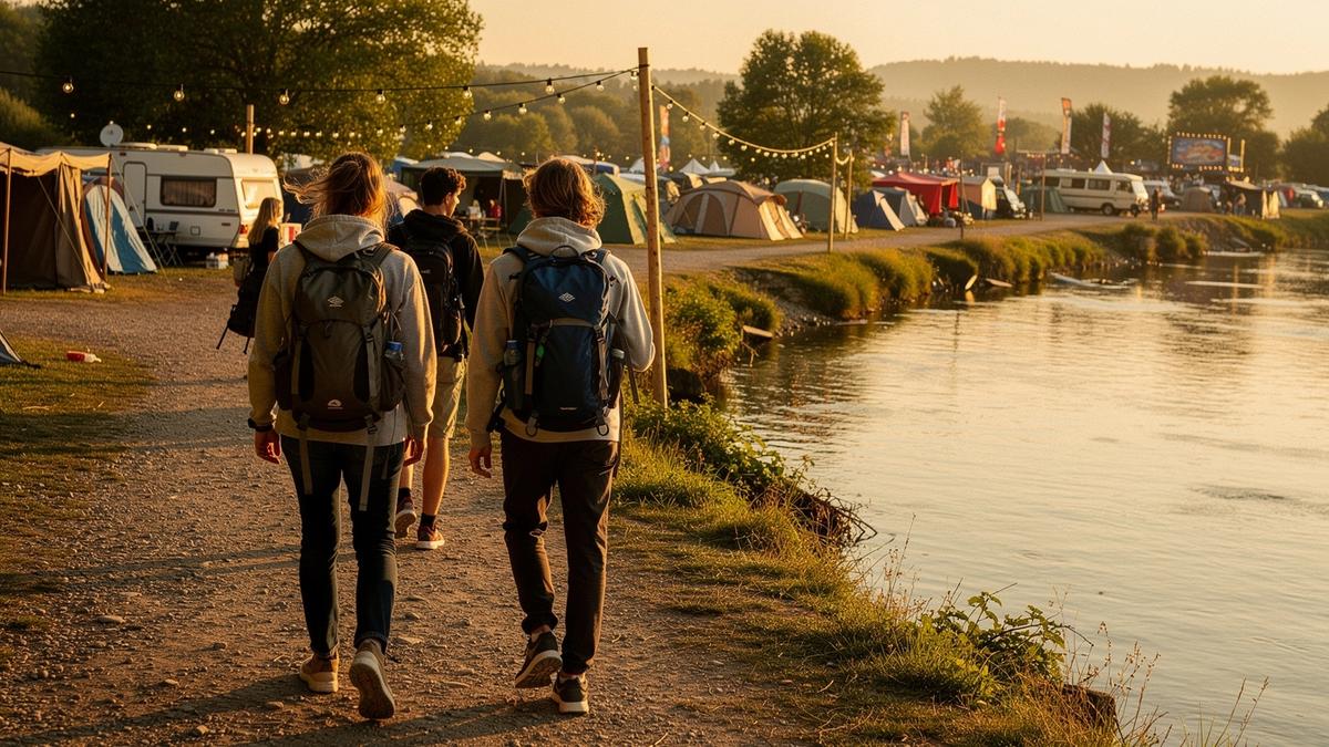 Young travellers with backpacks walking into a riverside festival campsite at sunset